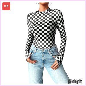 Long Sleeve Sheer Mesh Plaid Print T-Shirt with Lettuce Trim